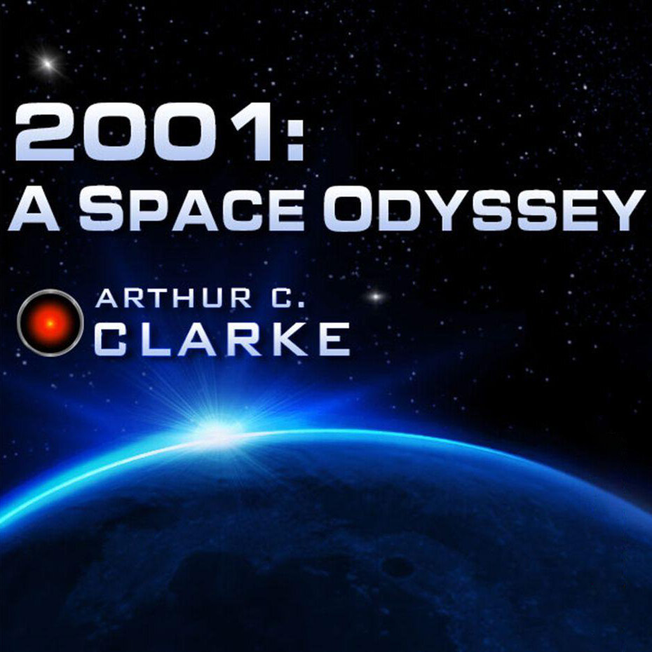 Audiobook cover for 2001: A Space Odyssey (Arthur C. Clarke) / The Demolished Man (Alfred Bester) / The Day of the Triffids (John Wyndham) / I, Robot (Isaac Asimov)